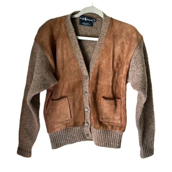 Ralph Lauren Brown Cardigan Sweater - wool & suede